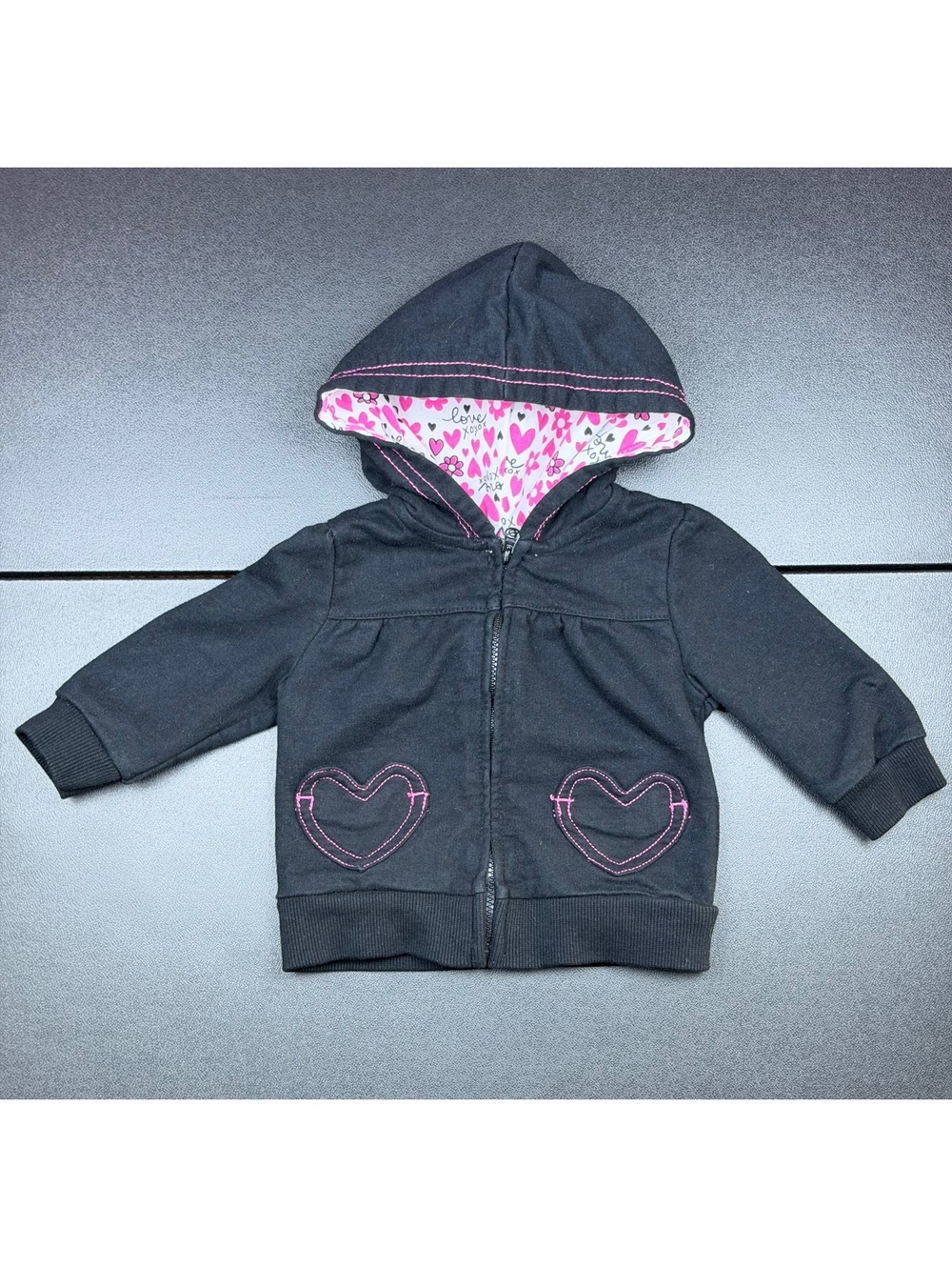 Baby Girls 6M Black Pink Heart Zip Hoodie XOXO Y2K Style Hooded Jacket
